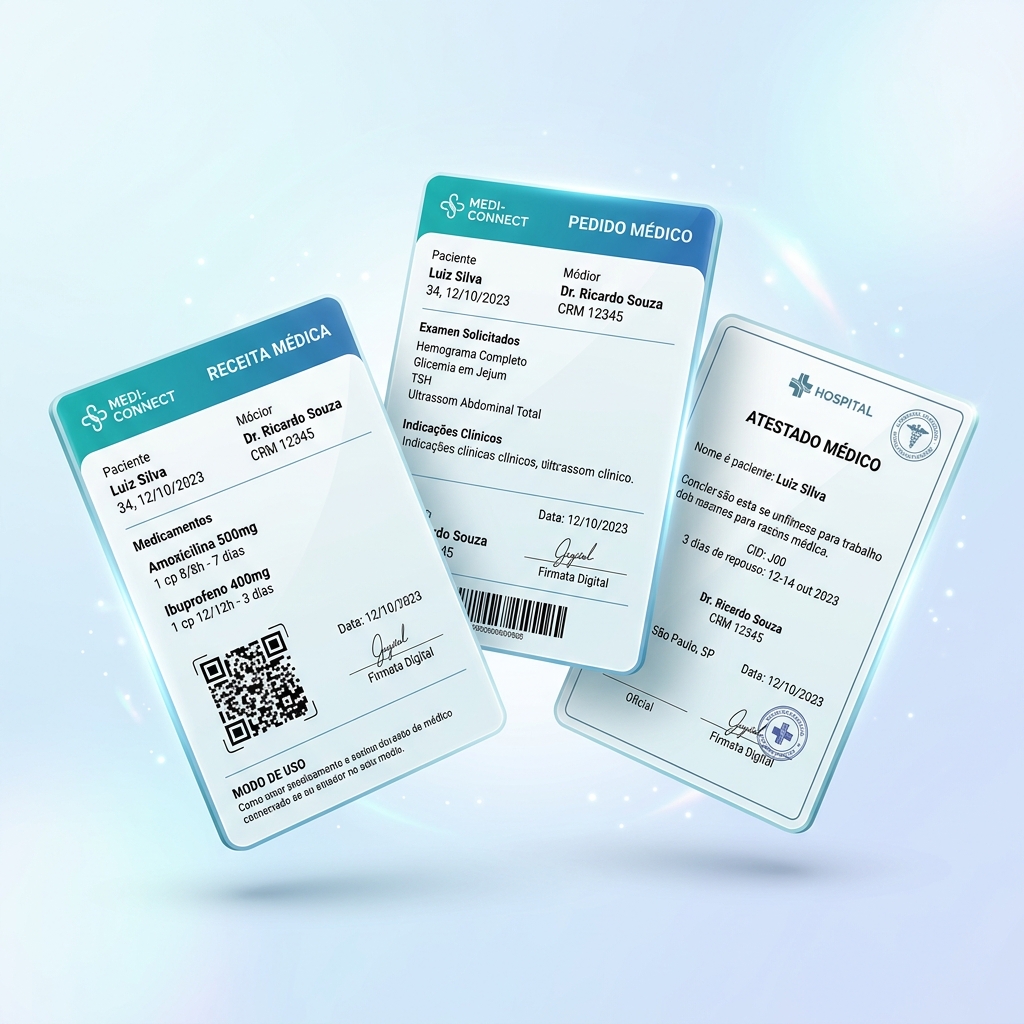 Mockups de receita médica, pedido médico e atestado digital do Curae